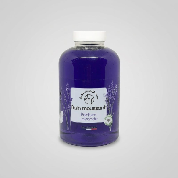 Flacon de bain moussant Relaxant parfum Lavande dmp Du Monde à la Provence, formule 95 % d'origine naturelle, fabrication française.