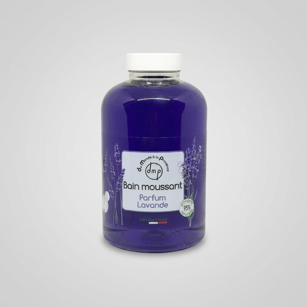 Flacon de bain moussant Relaxant parfum Lavande dmp Du Monde à la Provence, formule 95 % d'origine naturelle, fabrication française.