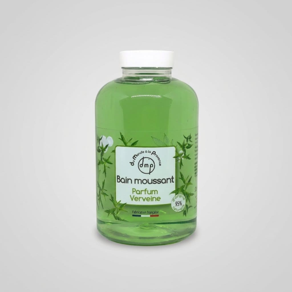 Flacon de bain moussant parfum Verveine dmp Du Monde à la Provence, formule 95 % d'origine naturelle, fabrication française.