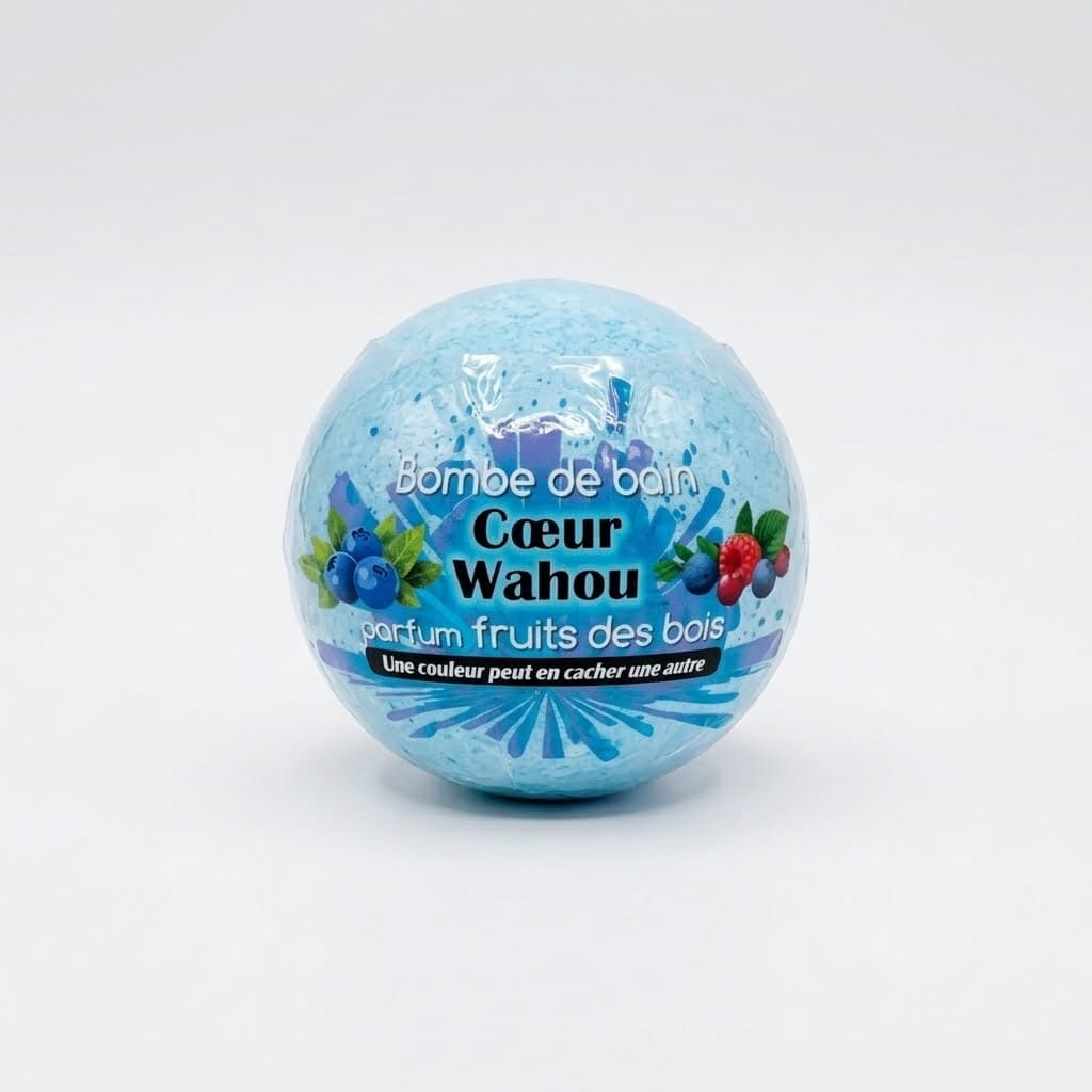 Bombe de bain sphérique bleue Cœur Wahou parfum Fruits des bois dmp Du Monde à la Provence, fabrication française.