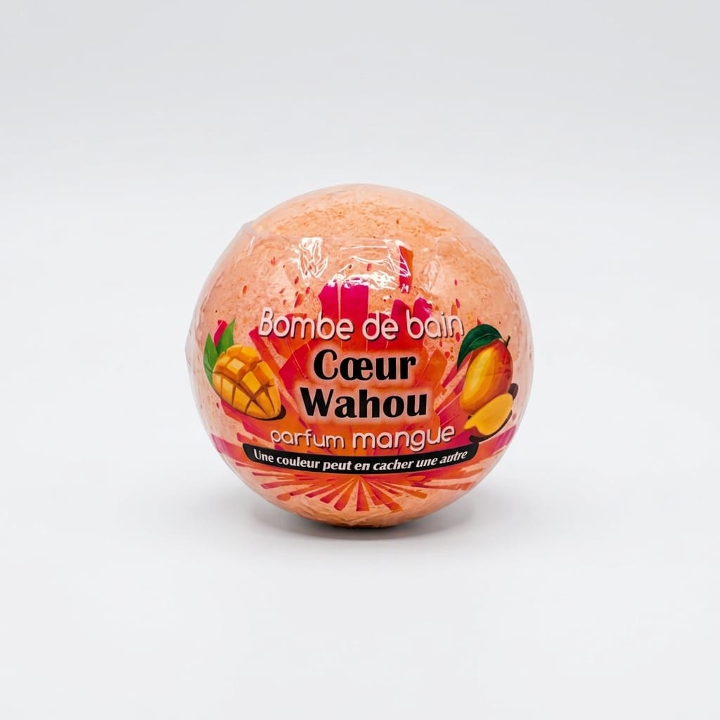 Bombe de bain sphérique orange Cœur Wahou parfum Mangue dmp Du Monde à la Provence, fabrication française.