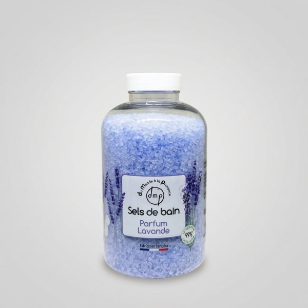 Flacon de sels de bain parfum Lavande dmp Du Monde à la Provence, formule 99 % d'origine naturelle, fabrication française.