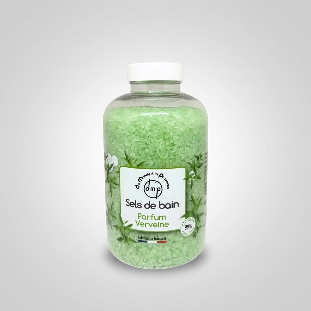 Flacon de sels de bain parfum Verveine dmp Du Monde à la Provence, formule 99 % d'origine naturelle, fabrication française.